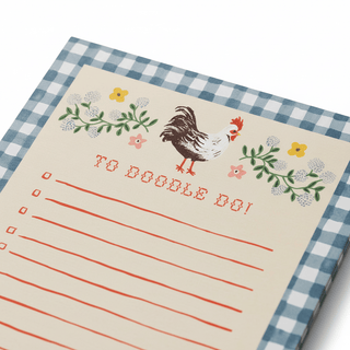 Close-up of To Doodle Do notepad showing rooster and floral details