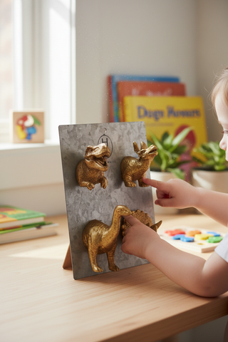 Dinosaur Magnets being played with by child on magnetic board