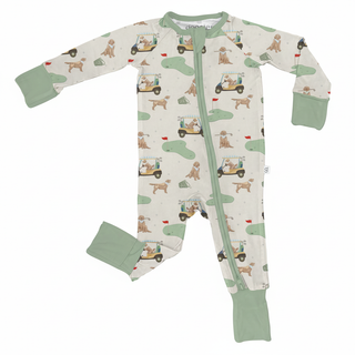 Barks & Birdies Zippie flat lay showing full outfit with golf theme pattern