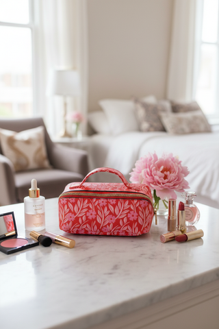 Red Floral Cosmetic Bag on vanity with beauty products