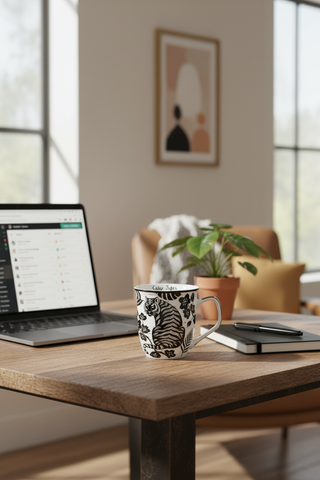Tiger Boho Mug on desk in home office with laptop
