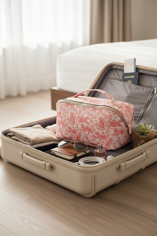 Tiger Jumbo Cosmetic Bag in suitcase with travel items