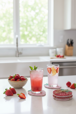 Set of Beaded Strawberry Coasters on kitchen counter with iced drinks and fresh strawberries