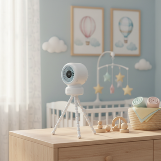 Stroller fan on tripod base on a nursery dresser with soft pastel decor