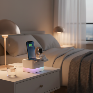 4-in-1 wireless charger on a nightstand simultaneously charging smartphone, Android phone, smartwatch, and earbuds