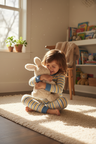 Child hugging Benny the Cuddle Bunny in cozy bedroom