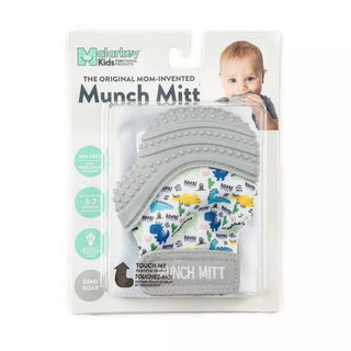 Malarkey Kids Munch Mitt baby teething mitten in Dino Roar pattern with gray silicone teether