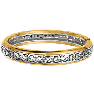 Brighton Intrigue Narrow Hinged Bangle in two-tone silver and gold with filigree scrollwork detail