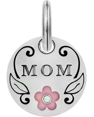 Brighton silver circular charm with MOM text and pink flower accent