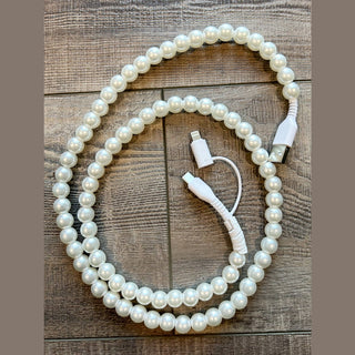 JILLIAN INK LLC Electronics White Pearl Beaded Phone Charger with Dual Cables