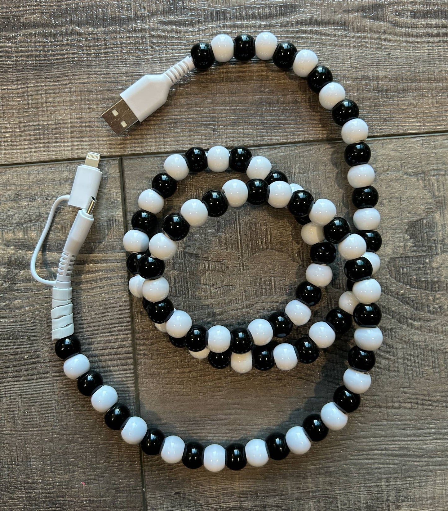 JILLIAN INK LLC Electronics Black and White Beaded Phone Charger with Dual Cables