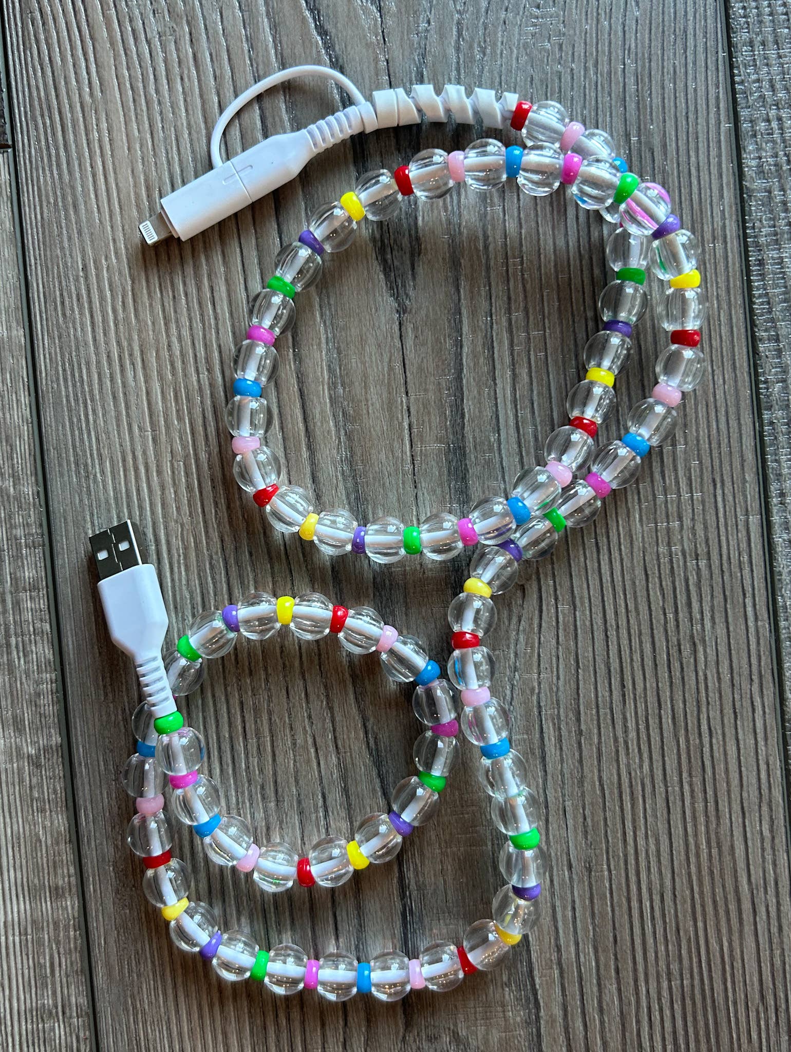 JILLIAN INK LLC Electronics Clear Rainbow Beaded Phone Charger with Dual Cables