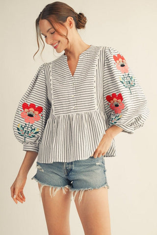Jodifli Women's Tops Embroidered Stripe Top
