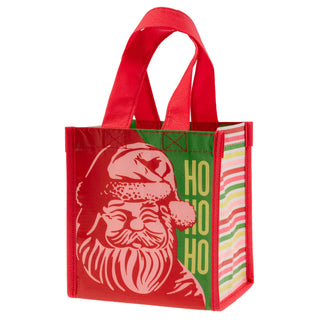 Small red reusable gift bag with Santa face, Ho Ho Ho text, and striped sides