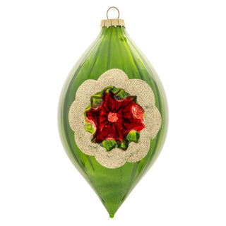 Karma green glass teardrop ornament with red reflector indent and gold glitter trim