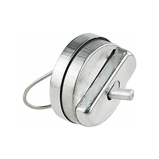 Silver metal hand buzzer prank toy with keychain ring on white background