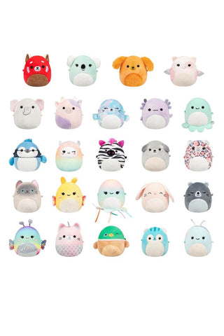 Collection of 25 colorful Squishmallows 2.5 inch plush toys displaying various animal characters