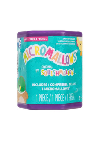 Micromallows Series 1 collectible blind pack container with purple lid and teal packaging