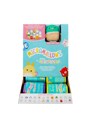 Micromallows collectible display box showing small Squishmallows plush toys with teal character visible