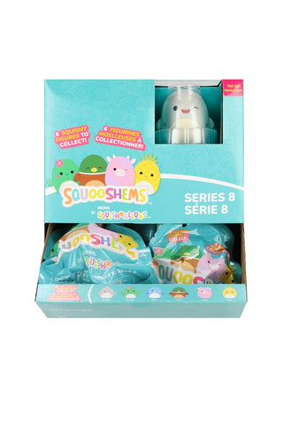 Squishmallows Squooshems Series 8 display box with collectible squishy figures in turquoise packaging