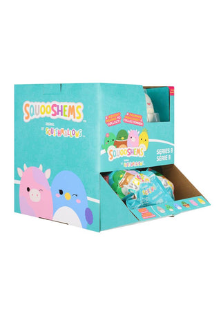 Squishmallows Squooshems Series 8 collectible display box with cute character designs