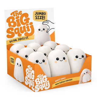 The Big Squij Jumbo Ghost squishy toy display box containing twelve white ghost figures