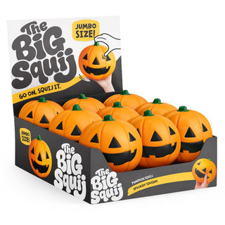 The Big Squij Jumbo Size Halloween pumpkin squishy toy display box containing nine jack-o-lanterns