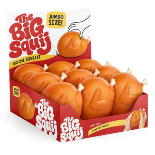 The Big Squij jumbo squishy turkey toy display box containing nine squishable roasted turkey figures