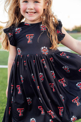 Mila & Rose Children’s Bodysuits Texas Tech Black Raider Red Flutter Twirl Dress