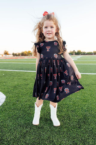 Mila & Rose Children’s Bodysuits Texas Tech Black Raider Red Flutter Twirl Dress