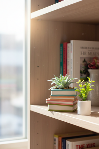 Miniature pot on bookshelf
