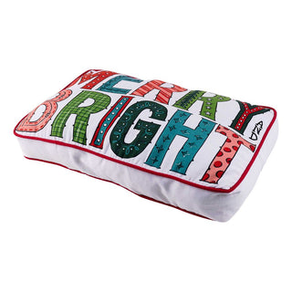 Glory Haus Merry and Bright Christmas pillow with colorful decorative lettering on white background