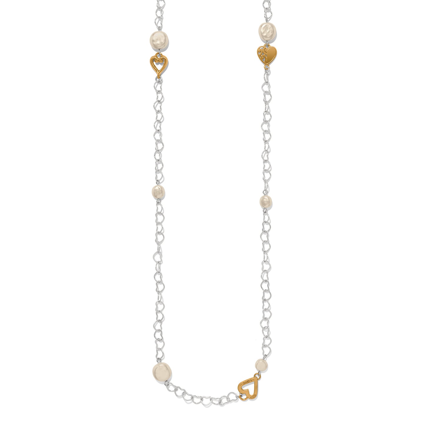 Necklace with heart-shaped gold charms and pearl beads on a silver chain
