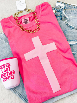 comfort colors pink tee with puff cross on it