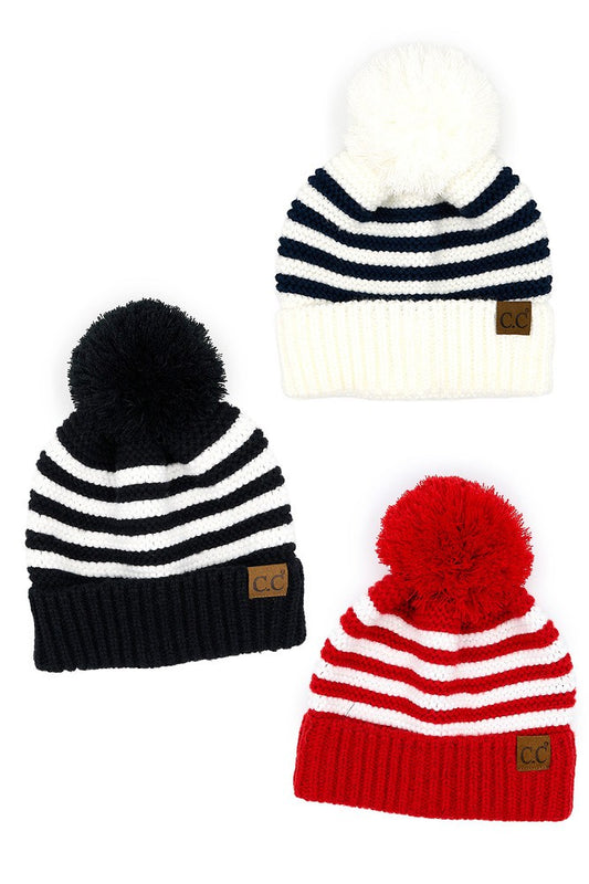 Adult CC Pom Pom Striped Beanie