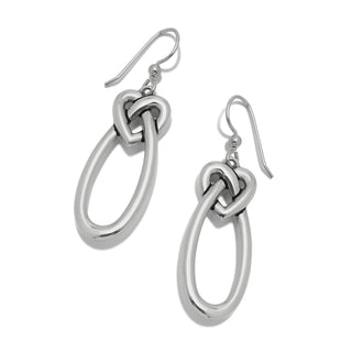 Brighton Interlok silver linked hearts drop earrings with French wire hooks on white background