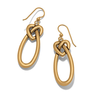 Brighton Interlok gold-tone linked hearts drop earrings with French wire hooks on white background