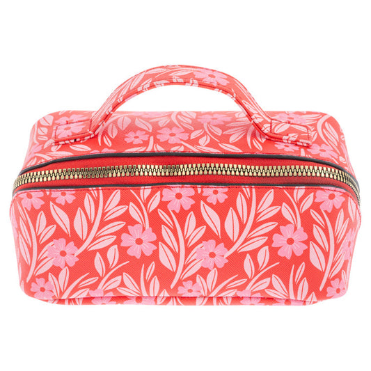 red floral cosmetic bag with a gold zipper