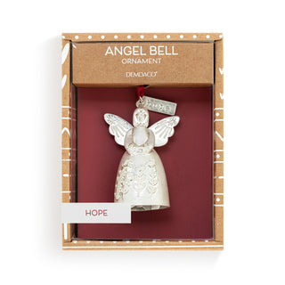 Demdaco Hope Angel Bell Ornament in silver displayed in kraft gift box with red interior