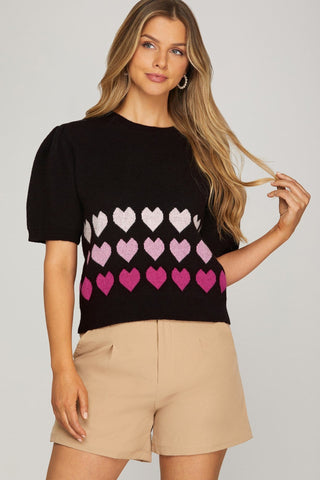 She + Sky Women's Tops Heart Puff Sleeve Sweater