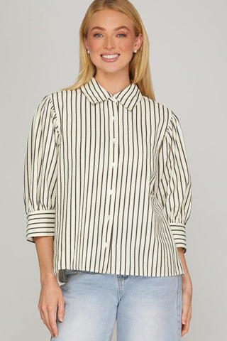 She + Sky Women's Tops Woven Striped Button Down Top