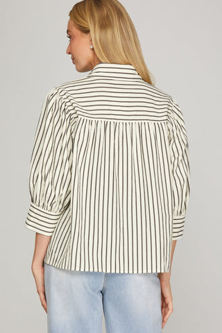 She + Sky Women's Tops Woven Striped Button Down Top