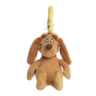 Aurora 12-inch Vintage Max plush dog toy with red collar and yellow bone on head