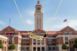 Gold necklace with 'TECH' pendant on a white background with Texas Tech logo.
