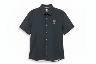 black patterned button-up shirt with a texas tech logo