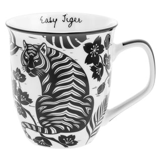 White mug with black tiger design and floral patterns, text 'Easy Tiger' 