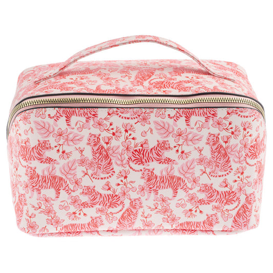 cosmetic bag with pink and red tiger and a gold zipper
