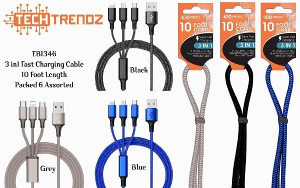 Trendz Mart Electronics 10 Foot 3 in 1  Charging Cable