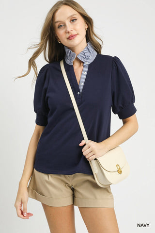 Umgee Women's Tops Puff Sleeve Contrast Color Top