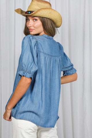 Vine & Love Women’s Tops Chambray Ruffle Shirt